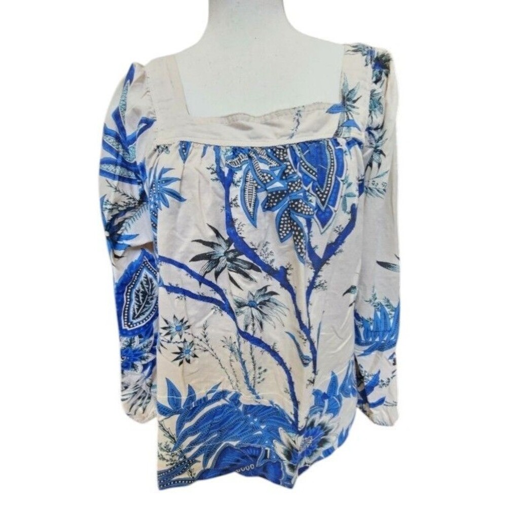 Elie Tahari Floral Square Neck Peasant Top Size Medium